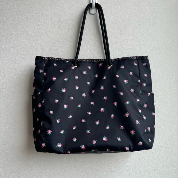 Victoria’s Secret Reversible Pink Black Stripe Floral Large Weekender Carry Tote - Picture 2 of 11